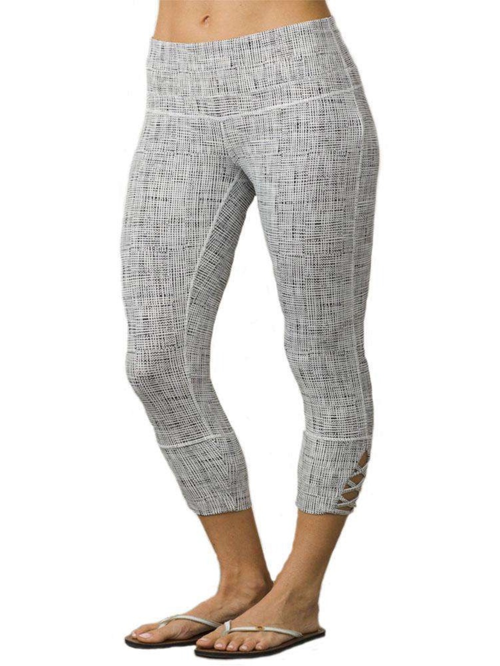 prAna Deco Yoga Crop Leggings Medium Black White Printed Criss Cross Hem